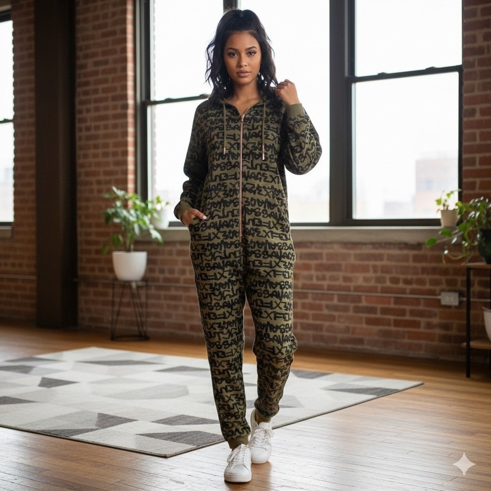 Savage X Fenty Graffiti Print Hooded One Piece Jumpsuit Olive Green Black 8 10 M
